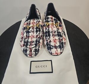 Gucci Tweed Horsebit Loafers in Navy, White & Red